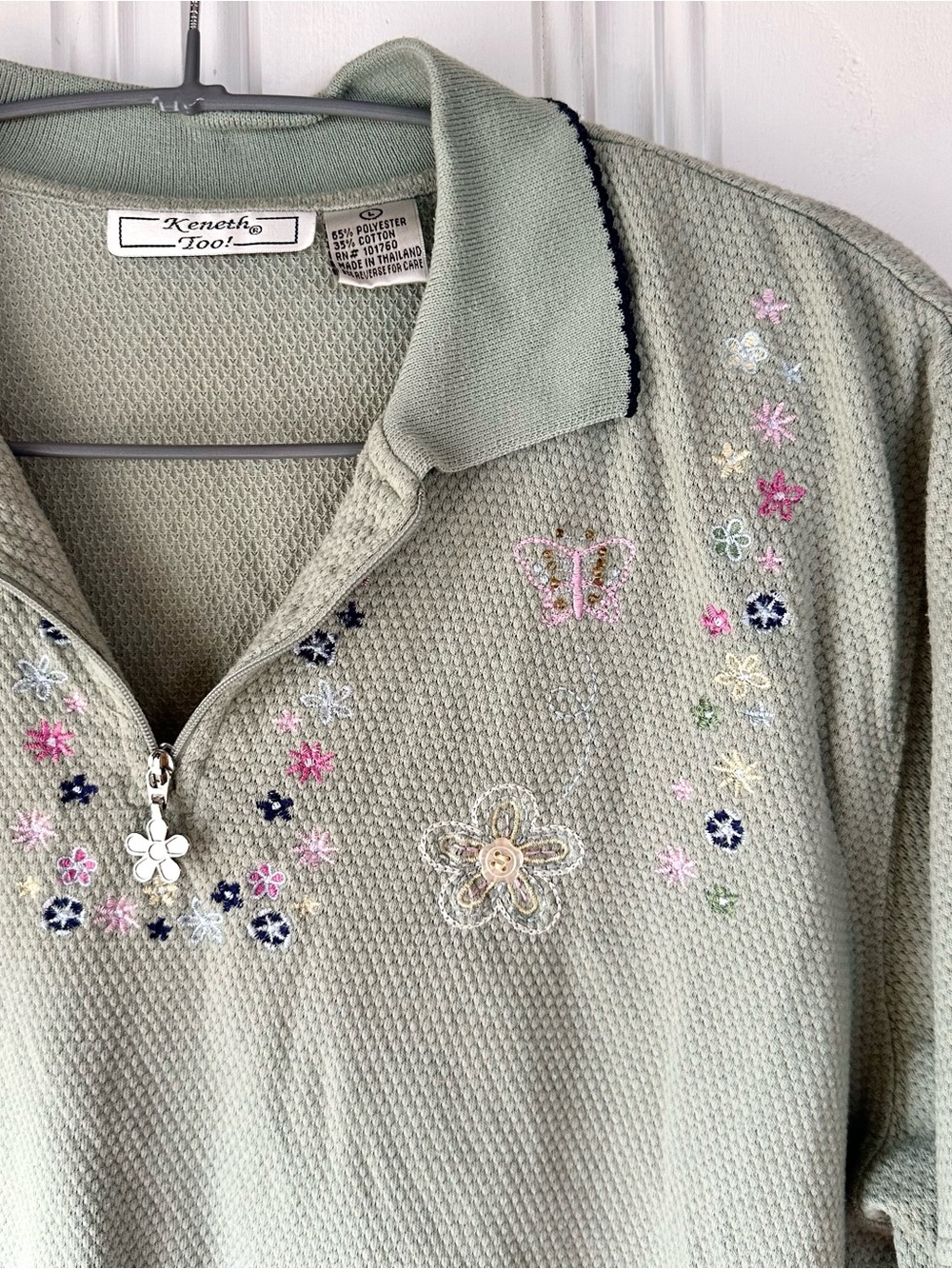 Vintage “Kenneth Too!” Sage Green Embroidered Flower Polo Top